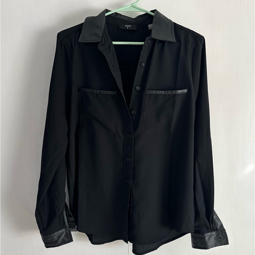 Tahari NWT Leather Trim Black Blouse